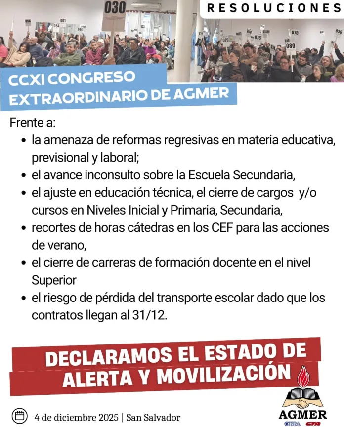  Agmer volvió a pedir la reapertura de paritarias y se declaró en estado de alerta y movilización